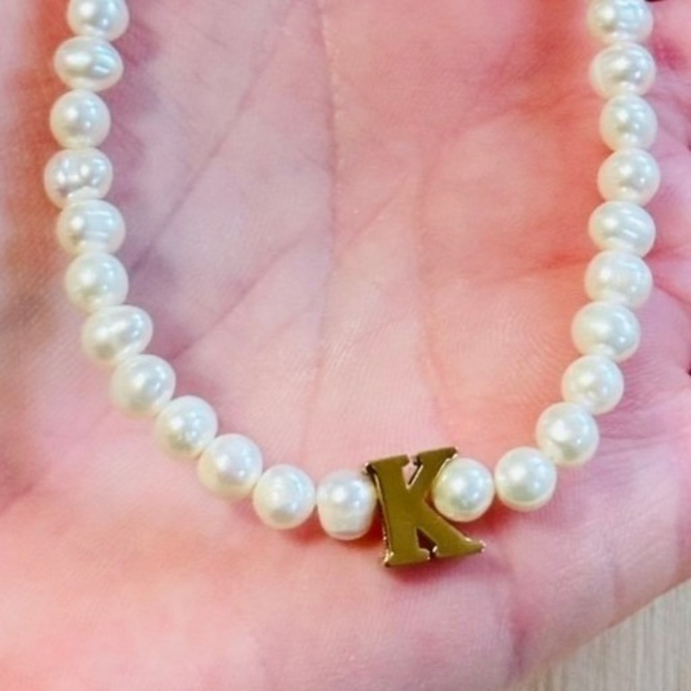 Dalmata Initial letter "K" Pearl Necklace gold plated‎ Freshwater beaded choker